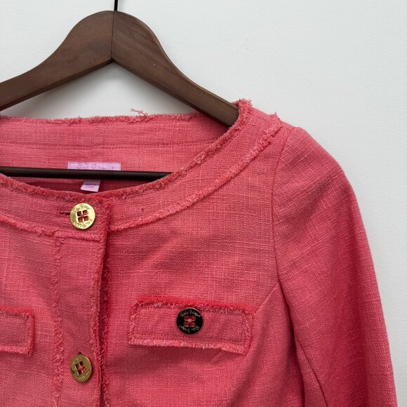 Lilly Pulitzer Pink Coral Tweed Fitted Office Siren Button Blazer Jacket XS - Picture 2 of 8